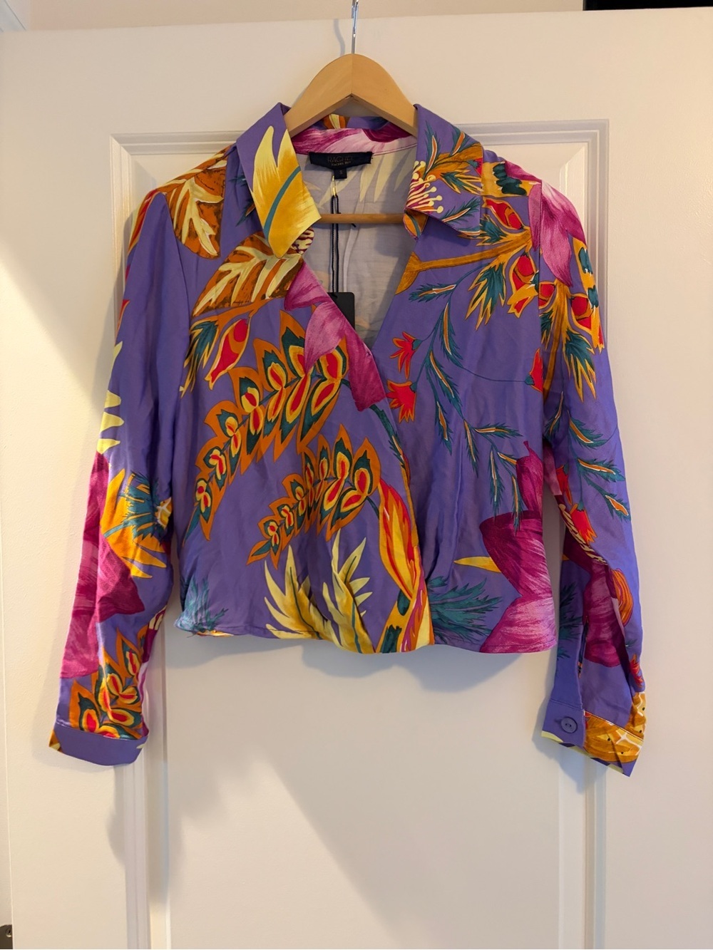 RACHEL Rachel Roy | Purple Tropical Print Button-Down Faux Wrap Shirt - NWT